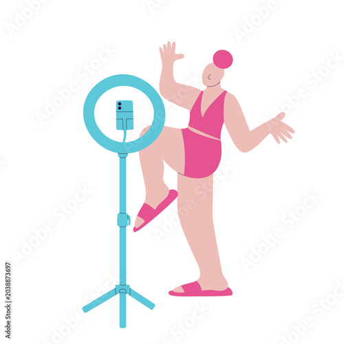 Vector illustration of woman posing with raised bent leg and outstretched arms in front of ring light with smartphone, filming herself dancing or posing, minimal flat design