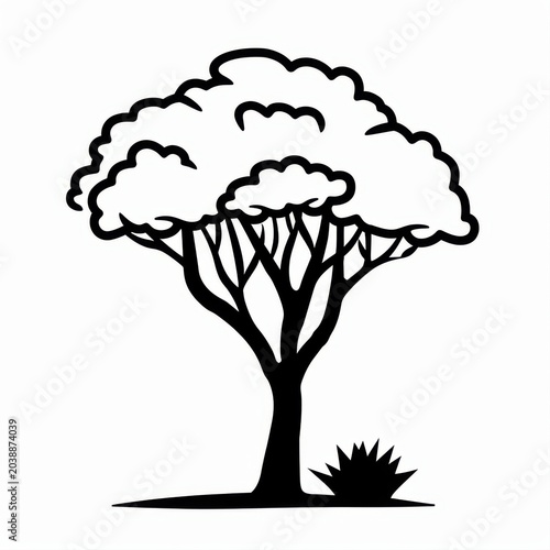 Black Silhouette of a Stylized Tree with Curvy Leafy Foliage Design
