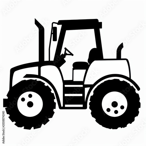 Black and White Silhouette of a Tractor with Large Wheels and Cabin