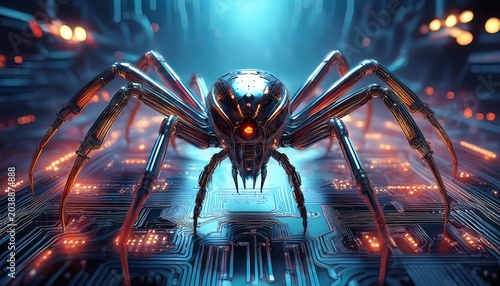robotic spiders invade circuit board digital attack background