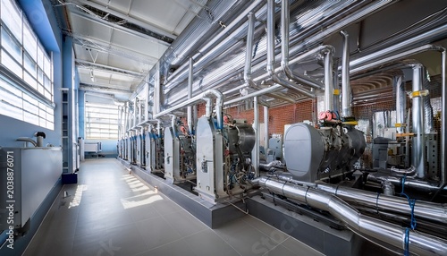 industrial chillers room piping network architectural photography