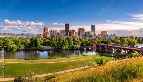 denver skyline confluence park speer blvd bridges colorado cityscape stock photo
