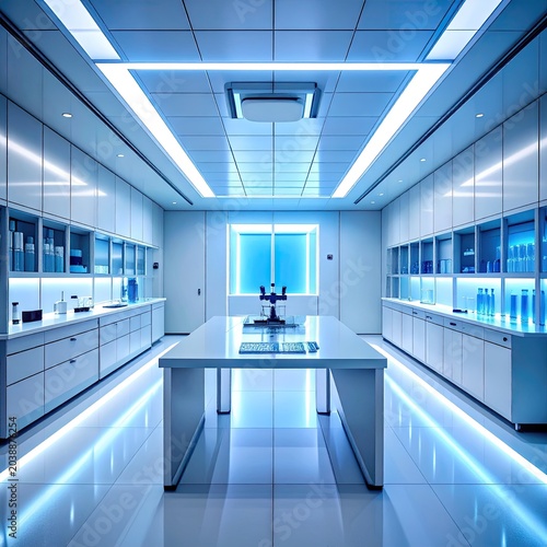 Modern Laboratory Interior with Blue Lighting and Scientific Equipment on a Central Table