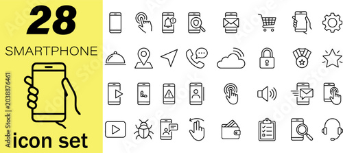 Tableau sur toile Set of 28 smartphone and mobile technology line icons, including communication,