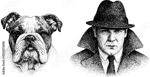 Bulldog and detective figure posed side by side on white background
