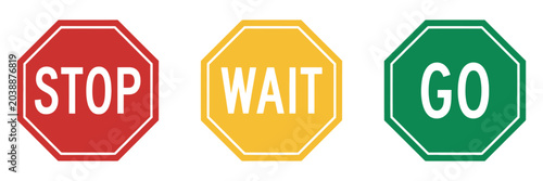 Foto Stop wait and go sign icons featuring traffic control and directional symbols for road safety, transportation, and navigation systems