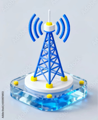 3D vector icon of a cell tower in the style of isometric glassmorphism, translucent blue glass, white and yellow accents, and a light gray background.