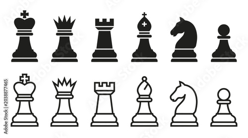 Bild auf Leinwand Chess pieces arranged neatly on a plain surface in black and white