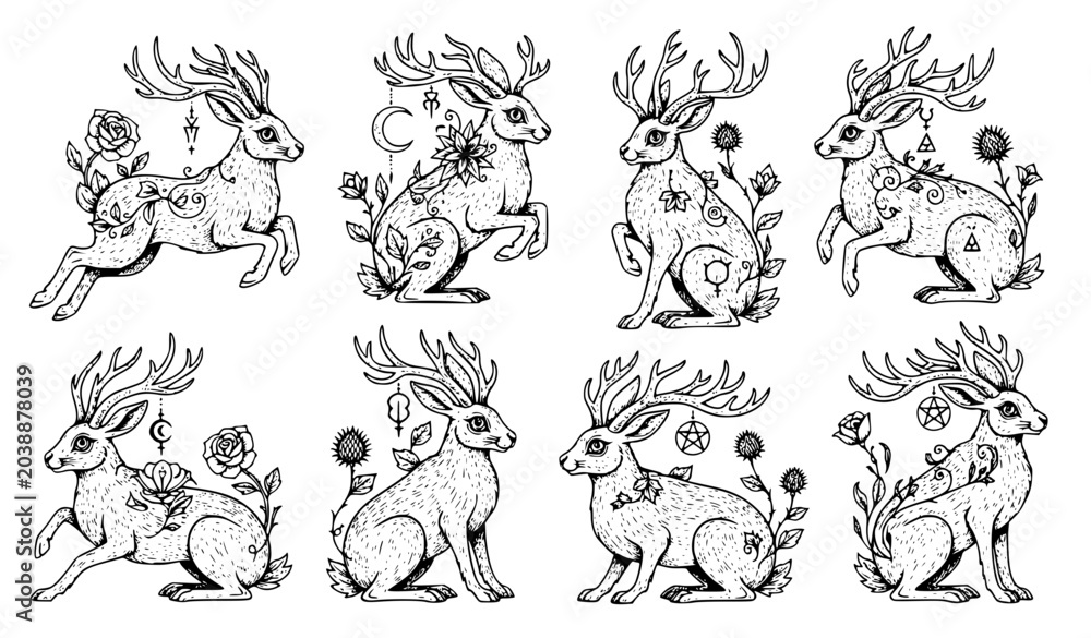 Obraz premium Gothic Jackalope Animal Vector Collection with Horned Hare Folklore Tattoo Artwork