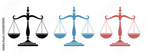 Картината върху платно Scales of justice icons showcasing colorful law and equality symbols for legal systems, court platforms, and justice related interface concepts