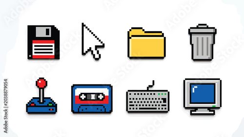 Retro pixel art computer icons set, including floppy disk, mouse cursor, folder, trash can, joystick, cassette tape, keyboard, and monitor.
