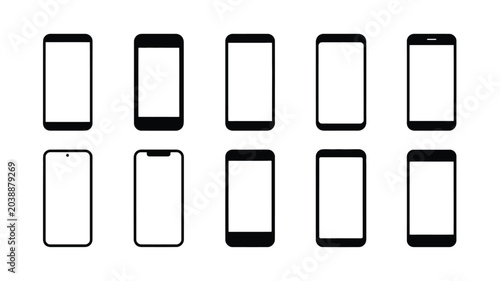 Fotografía Collection of various smartphone screen icons with different notch styles and bezels set