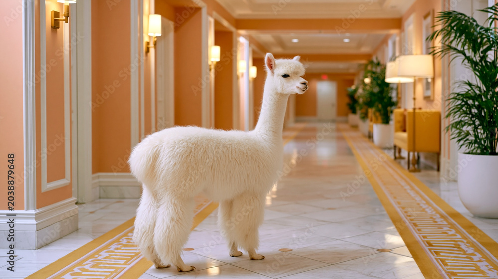 Fototapeta premium White alpaca standing in elegant hotel corridor, charming fluffy animal indoors in luxurious interior, absurd fashion editorial mood