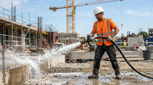 A male construction worker in an orange vest and white hard hat uses a hose to spray water at a building site.