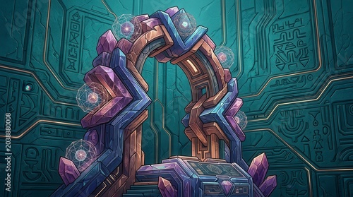 Fantasy crystal archway portal with glowing energy orbs