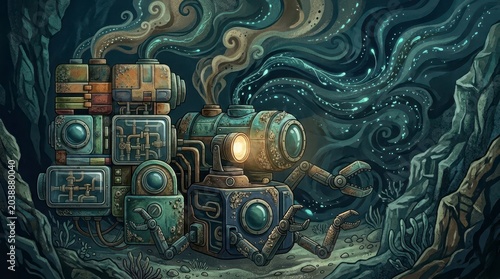 Intricate steampunk deep sea machine in a cave