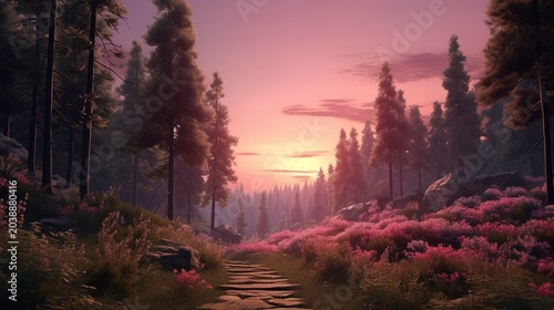 A photo of a tranquil forest path under a pink sky