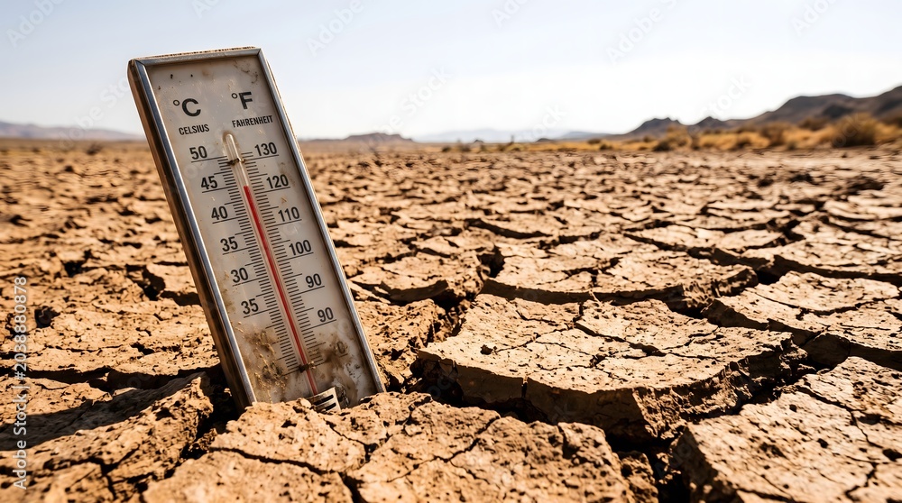 Naklejka premium Thermometer Dry Cracked Ground El Nino Effect