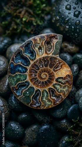 Ammonite fossil geode on wet pebbles with moss