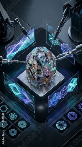 Robotic arms analyzing a futuristic crystal