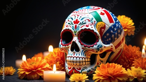 Three host mascots with painted skull surrounded by flowers and lit candles