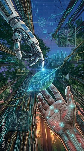 Robotic and human hands connect with digital leaf