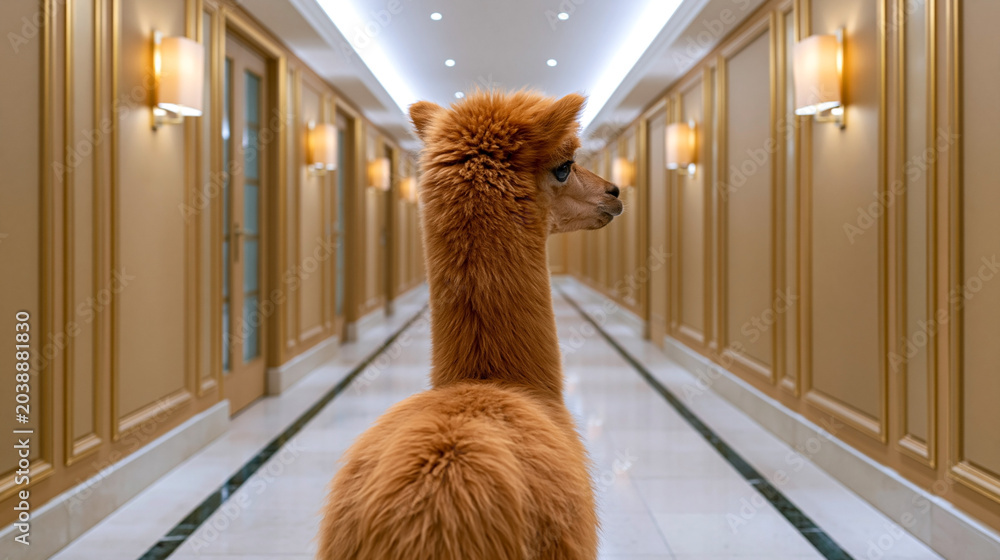 Naklejka premium Elegant alpaca standing in luxurious hotel corridor with soft lighting and refined interior creating an absurd fashion editorial atmosphere, close-up