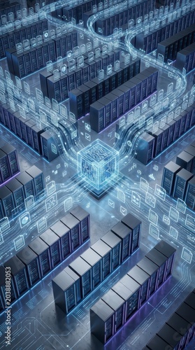Data Center with Glowing Cube and Digital Data Flow