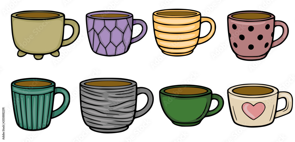 Fototapeta premium Set of eight diverse illustrated coffee mugs with various patterns and colors, vector