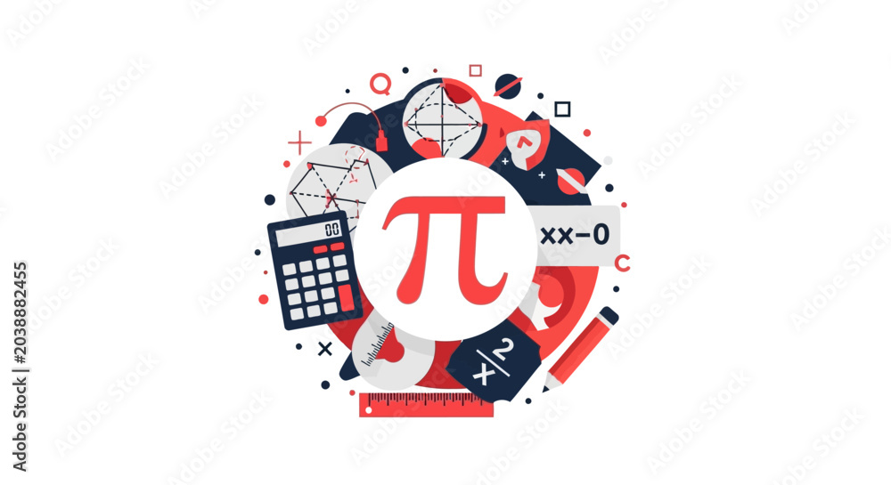 Fototapeta premium Mathematical Concept Illustration with Pi Symbol, Calculator, and Geometry Tools in Flat Vector Style for STEM Education