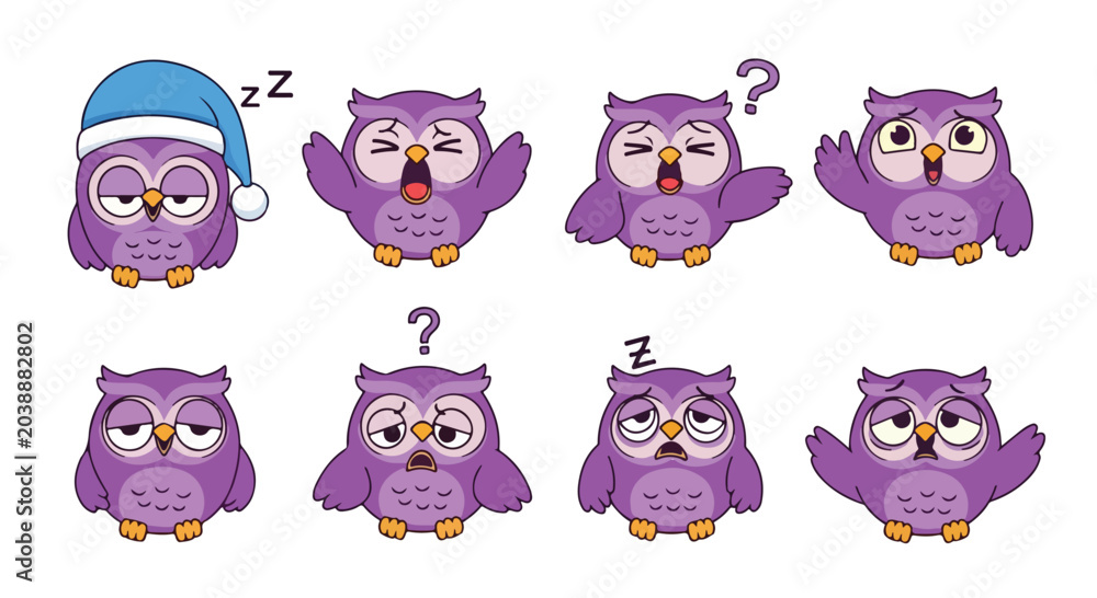 Fototapeta premium Collection of cute purple cartoon owls with different facial expressions and emotions on a white background