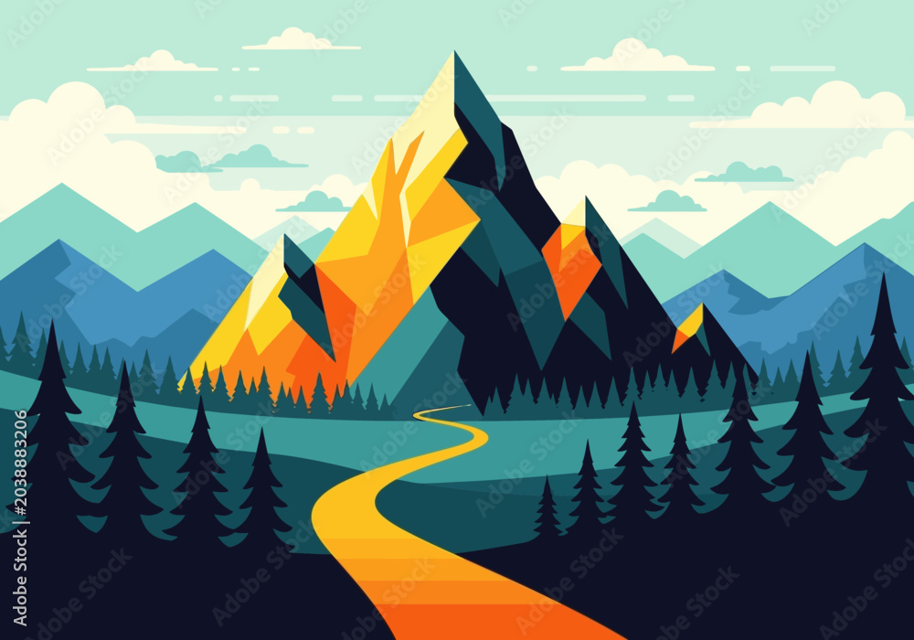 Fototapeta premium Minimalist Geometric Mountain Landscape Illustration with Winding Path, Pine Tree Forest, and Faceted Peaks in Flat Design Style