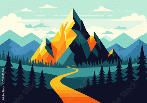 Fotografie Minimalist Geometric Mountain Landscape Illustration with Winding Path, Pine Tre