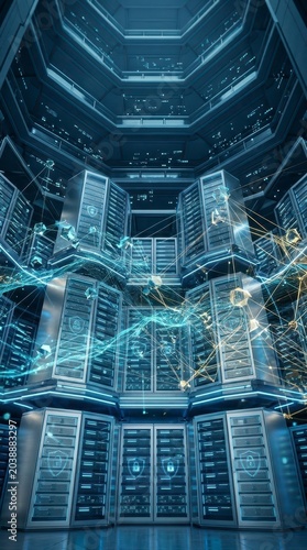 Futuristic Data Center with Digital Network and Cybersecurity