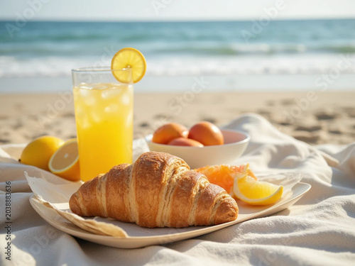 Beach breakfast scene with croissant, oranges, and juice on a blanket
