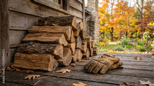 Rustic scene featuring a stack of firewood beside a leather work glove on a wooden porch, surrounded by autumn foliage.
