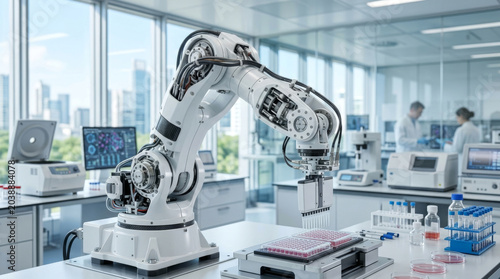 A sophisticated robotic arm in a modern laboratory setting, highlighting advanced automation in scientific research.