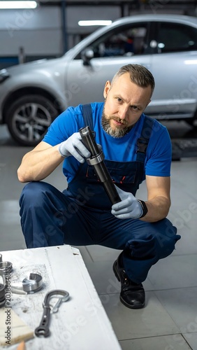 Auto Mechanic Inspecting Part. (1)