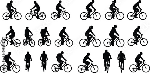 Cycling silhouettes with rider posture designs, bicycle sport vector art, fitness lifestyle illustration, black graphic outdoor activity artwork elements