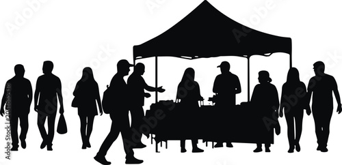 Εκτύπωση καμβά Market canopy tent silhouettes with people crowd designs, outdoor fair vector ar