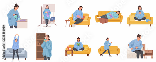 Canvas-taulu Woman suffering from menstrual cramps and stomach pain at home, vector illustrat