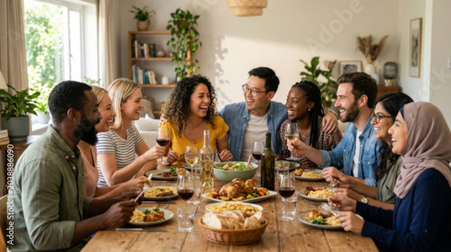 A diverse group of friends enjoying a lively dinner party, sharing laughter and delicious food together.