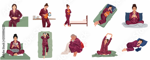 Konstfotografi Set of flat vector illustrations of a woman in pajamas suffering from menstrual pain or stomach ache, using a hot water bottle for relief in various poses at home