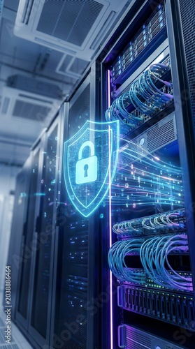 Cybersecurity shield protecting data in server room
