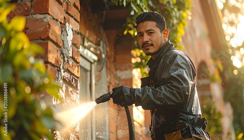 Man power-washing brick, wearing gloves and jacket, sunlight glistening on water and greenery on brickwork exterior