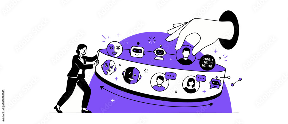 Obraz premium Human Resource AI Hiring Selection Woman Rotating Carousel of Human and Robot Avatars with Giant Hand Picking Selected Candidate, Modern Tech Talent Recruitment Concept Flat Vector Illustration Graphi