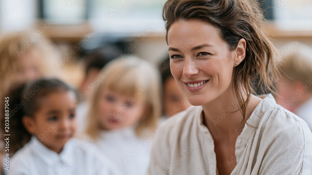 Fototapeta premium Kindergarten teacher mediating conflict between students from different cultural backgrounds, calm redirection, inclusive classroom community, September adjustment period, diversity management, cult