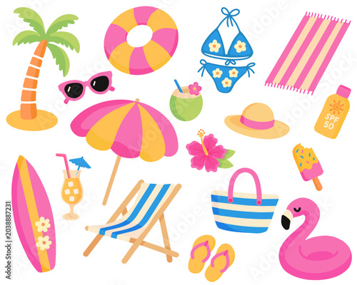 Vibrant Summer Beach Elements Set with Cute Vacation and Holiday Clipart