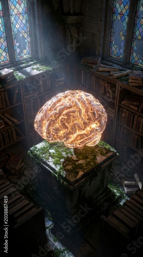 Glowing brain in ancient mystical library