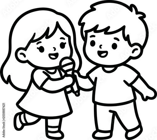 Obraz na plátně Cute cartoon kids singing together with microphone, happy children duet performa